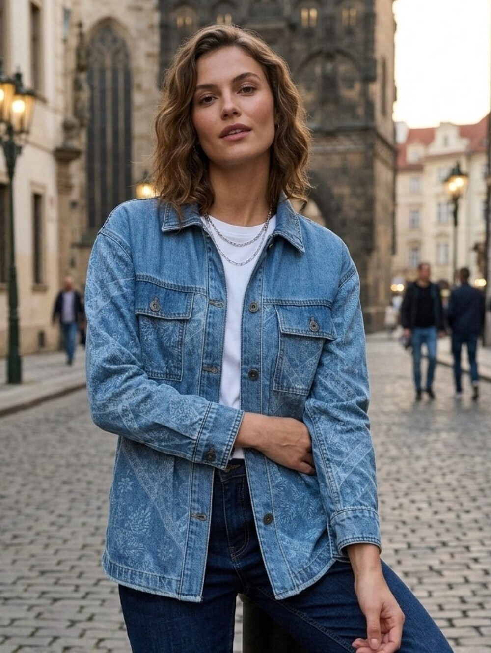 Tribal Light Blue Denim Jacket Bandana Print Boho Chic Western Streetwear XS